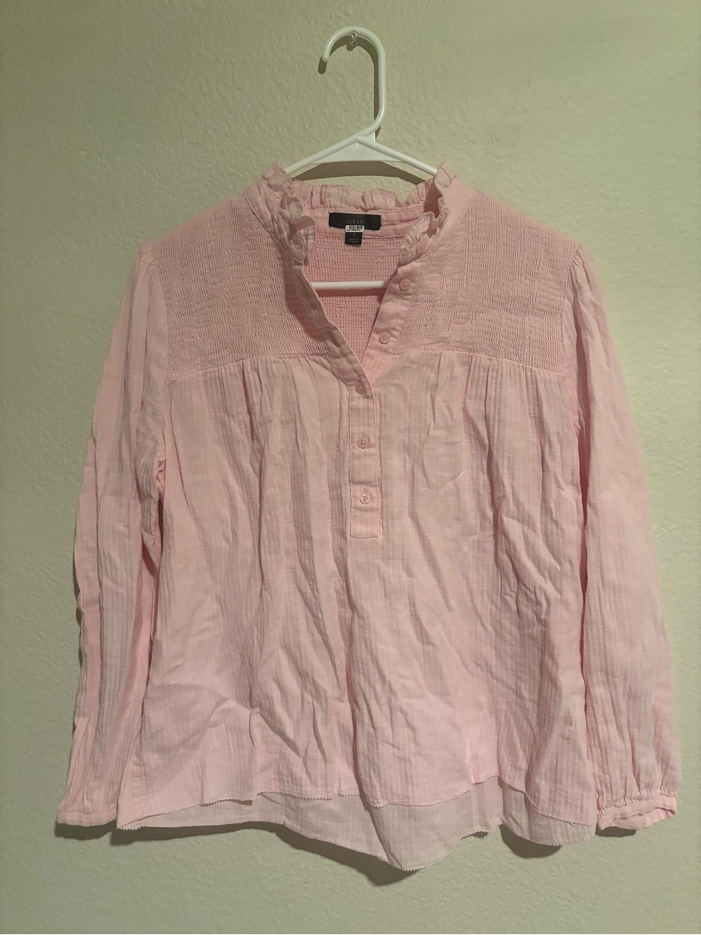 J. Crew Light Pink Ruffled Yoke Button-Front Blouse